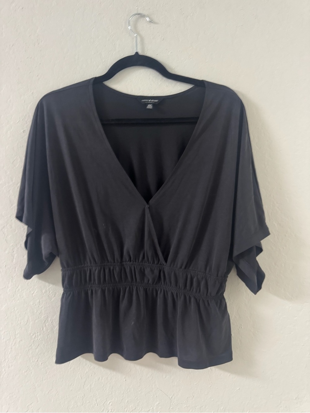 Lucky Brand Black Surplice Smocked Waist Peplum Blouse